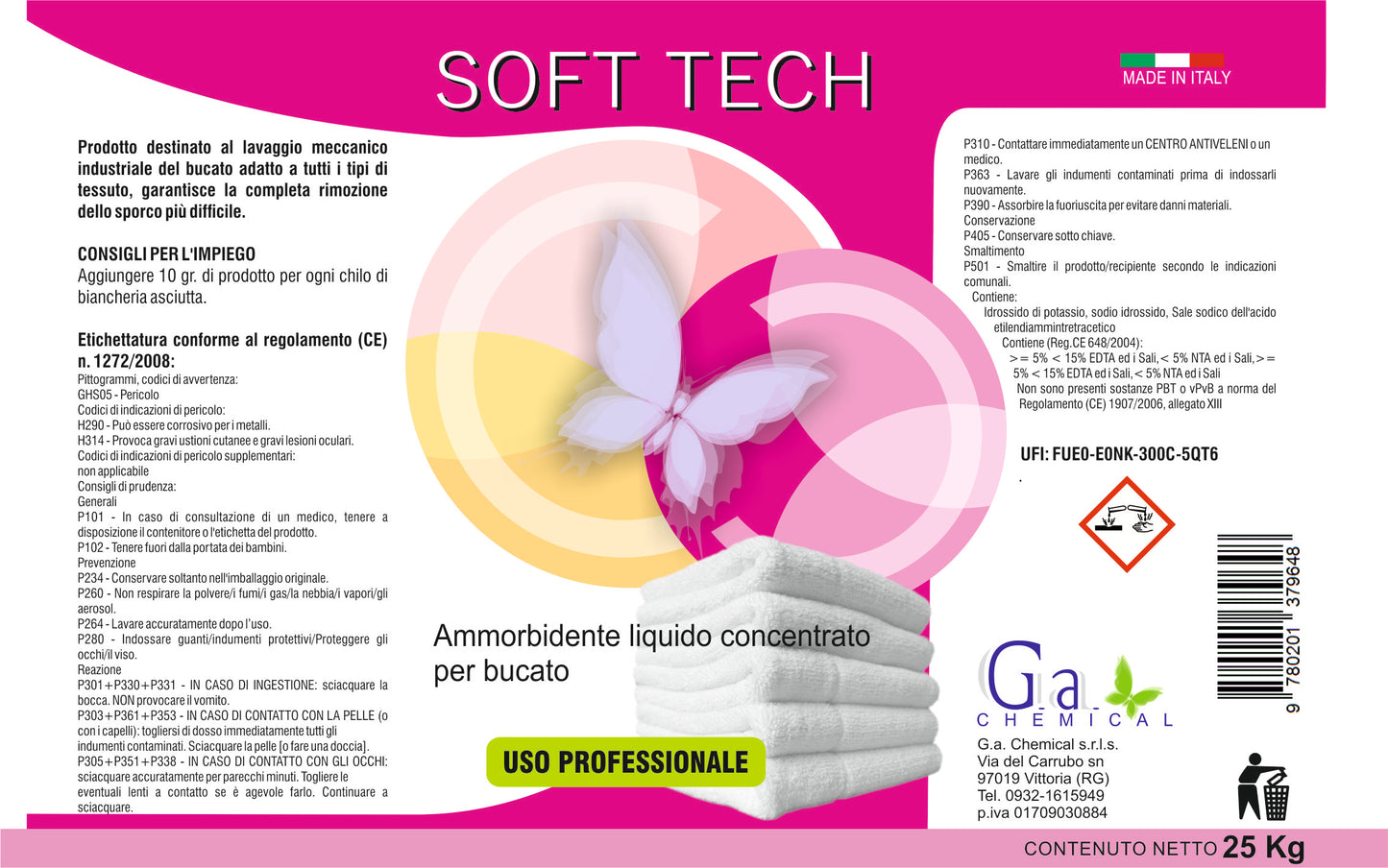 Soft Tech kg 25 - Ammorbidente professionale profumato per bucato in lavatrice